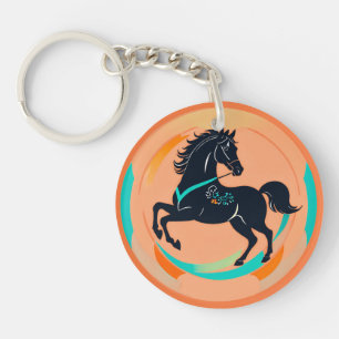 Porte-clés Cheval noir sur fond coloré