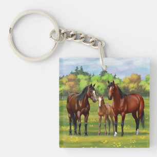 Porte-clés Chevaux Du Quartier De La Baie Brown Dans Les Pâtu