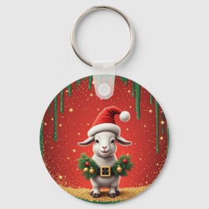 Porte-clés Chèvre de Noël mignonne avec chapeau de Père Noël,