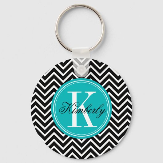 Porte-clés Chevron noir et blanc avec Monogramme Turquoise (Recto)