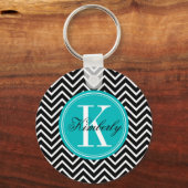 Porte-clés Chevron noir et blanc avec Monogramme Turquoise (Recto)