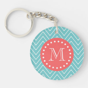 Porte-clés Chevron turquoise et de corail avec le monogramme