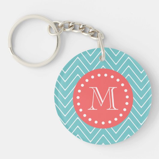 Porte-clés Chevron turquoise et de corail avec le monogramme (Devant)