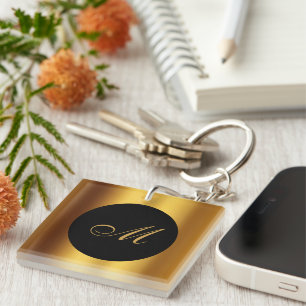 Porte-clés Chic Black Gold Calligraphie Bordure Monogramme