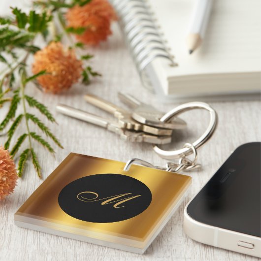 Porte-clés Chic Black Gold Calligraphie Bordure Monogramme (Devant Droit)