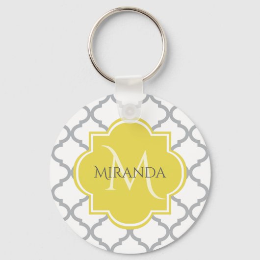 Porte-clés Chic Blanc Gris Quatrefoil Jaune Nom Monogramme (Recto)