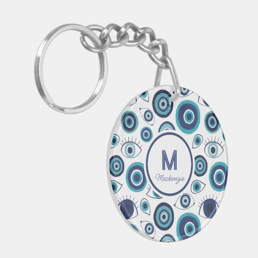 Porte-clés Chic Bleu Blanc Grec Mal Oeil Monogramme (Devant gauche)