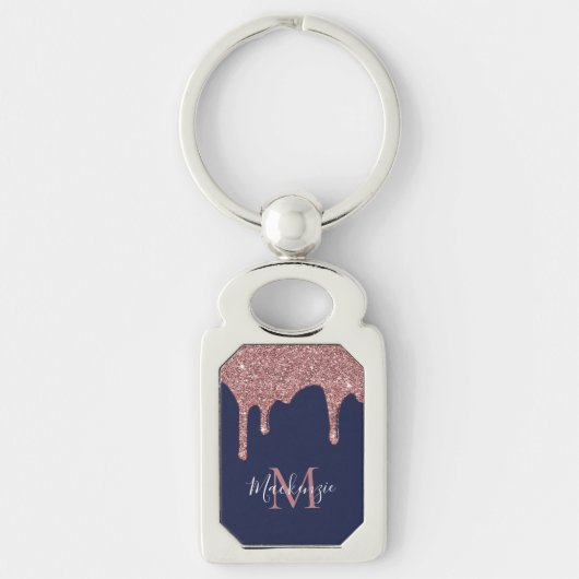 Porte-clés Chic Bleu Marine Rose Gold Paillet Drips Monogramm (Devant)