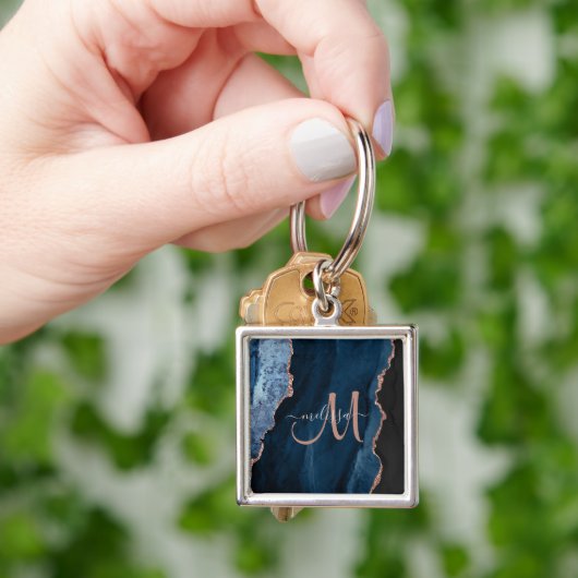 Porte-clés Chic Blue Rose Gold Agate Script Monogramme person (main)
