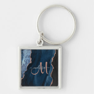 Porte-clés Chic Blue Rose Gold Agate Script Monogramme person