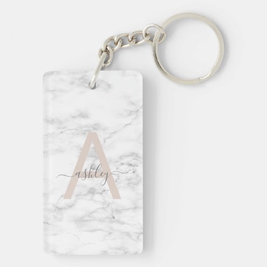 Porte-clés Chic Blush Pink White Marble Script Nom monogram (Dos)