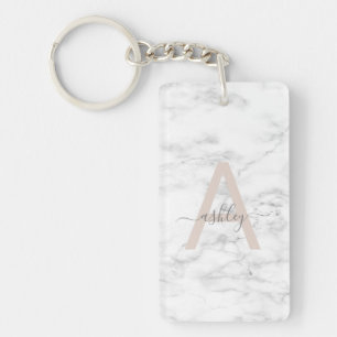 Porte-clés Chic Blush Pink White Marble Script Nom monogram