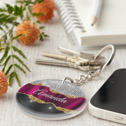 Porte-clés Chic faux argent parties scintillant Fuchsia noir (Devant droit)