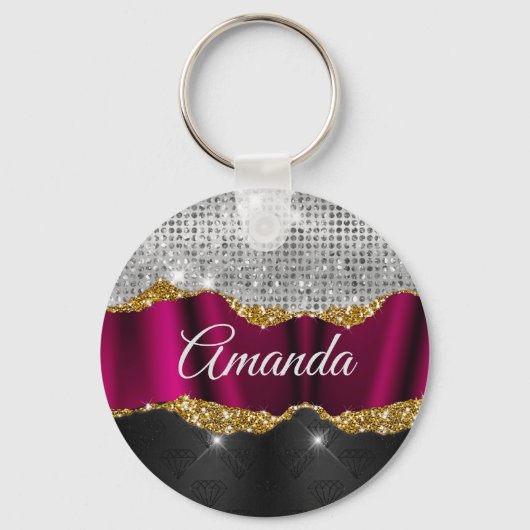 Porte-clés Chic faux argent parties scintillant Fuchsia noir  (Recto)