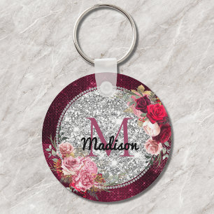 Porte-clés Chic faux paillettes argent monogramme floral bord
