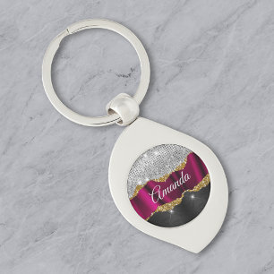 Porte-clés Chic faux paillettes argent monogramme Fuchsia noi