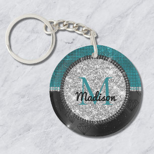 Porte-clés Chic faux paillettes turquoise noir monogramme
