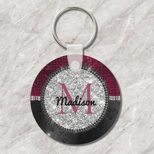 Porte-clés Chic faux Silver Glitter Burgundy Black monogram