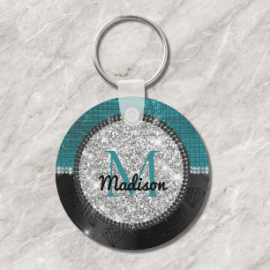 Porte-clés Chic faux Silver Glitter Turquoise Black monogram