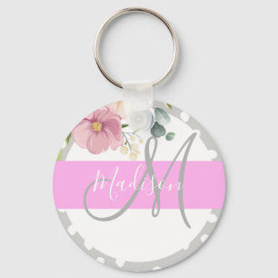 Porte-clés Chic & Féminin Fleurs Blanc Rose Gris Monogramme N
