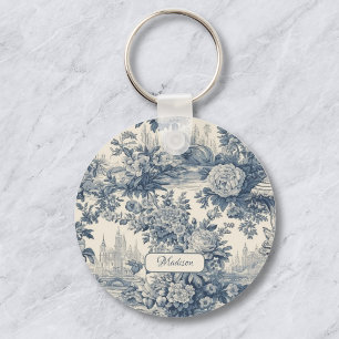 Porte-clés Chic floral vintage toile de jouy monogramme bleu