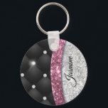 Porte-clés Chic girly faux parties scintillant argent noir ro<br><div class="desc">Une parties scintillant et des strass cool en faux argent et rose, avec des motifs tuffés noirs. Élégant porte - clé Monogramme Parties scintillant. Personnalisez-le avec votre nom, monogramme ou autre texte souhaité. Cela rend le cadeau parfait pour 16 ans, mariage, douche nuptiale, anniversaire, baby shower ou bachelorette pour quelqu'un...</div>