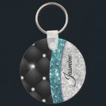Porte-clés Chic girly faux parties scintillant argent noir tu<br><div class="desc">Une parties scintillant d'aqua turquoise turquoise en faux argent cool et de strass aux motifs de tuffés noirs. Élégant porte - clé Monogramme Parties scintillant. Personnalisez-le avec votre nom, monogramme ou autre texte souhaité. Cela rend le cadeau parfait pour 16 ans, mariage, douche nuptiale, anniversaire, baby shower ou bachelorette pour...</div>