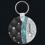 Porte-clés Chic girly faux parties scintillant argent noir tu<br><div class="desc">Une parties scintillant d'aqua turquoise turquoise en faux argent cool et de strass aux motifs de tuffés noirs. Élégant porte - clé Monogramme Parties scintillant. Personnalisez-le avec votre nom, monogramme ou autre texte souhaité. Cela rend le cadeau parfait pour 16 ans, mariage, douche nuptiale, anniversaire, baby shower ou bachelorette pour...</div>