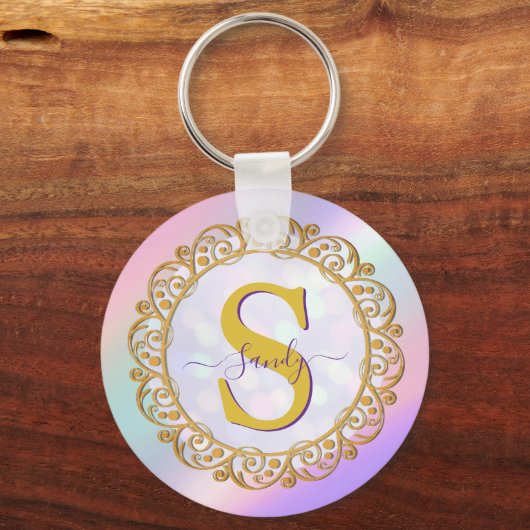 Porte-clés Chic Iridescent Initial With Gold Scrollwork (Recto)