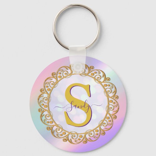 Porte-clés Chic Iridescent Initial With Gold Scrollwork (Verso)
