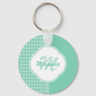 Porte-clés Chic Mint Green Houndstooth avec Monogramme et nom