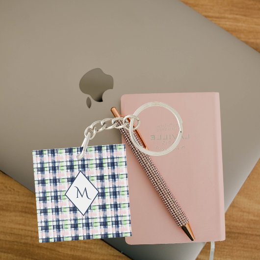 Porte-clés Chic Monogramme Marine bleu rose Preppy Plaid