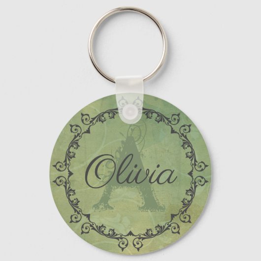 Porte-clés Chic Olive Green Monogramme Personnalisé (Recto)