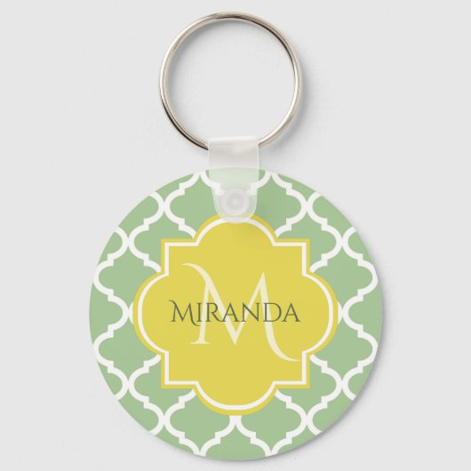 Porte-clés Chic Pastel Green Quatrefoil Jaune Nom Monogramme (Recto)
