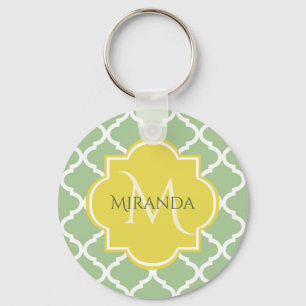 Porte-clés Chic Pastel Green Quatrefoil Nom jaune Monogramme
