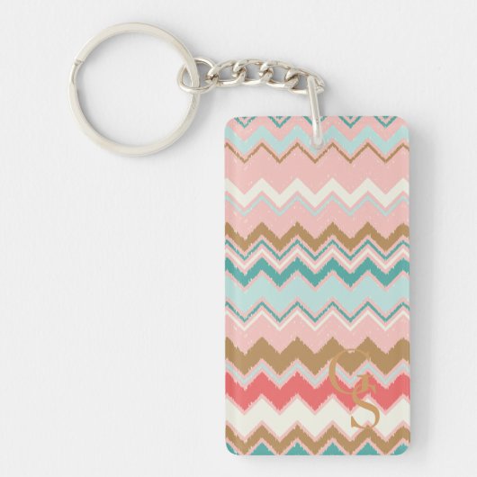 Porte-clés Chic Pastel Pink Mint Chevron Personnalisé Monogra (Devant)