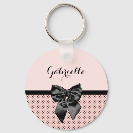 Porte-clés Chic Pois rose noir Bow et nom (Recto)