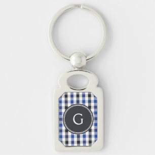 Porte-clés chic preppy bleu noir en vichy motif monogramme
