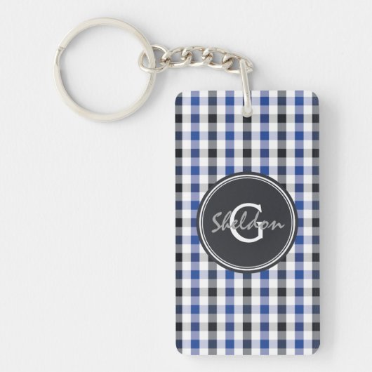 Porte-clés chic preppy bleu noir en vichy motif monogramme (Devant)