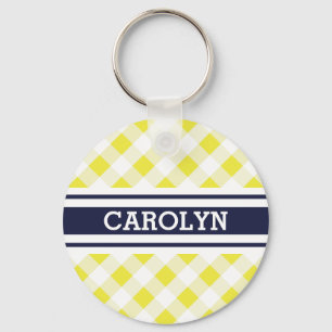 Porte-clés chic preppy jaune marine en vichy motif monogramme