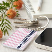 Porte-clés chic preppy rose marine en vichy motif monogramme (Devant droit)