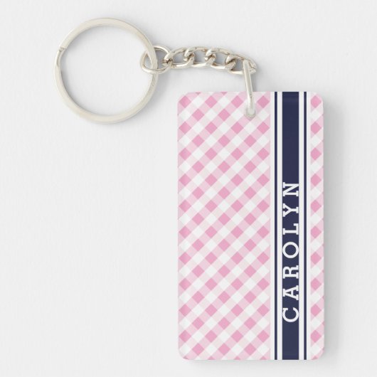 Porte-clés chic preppy rose marine en vichy motif monogramme (Devant)