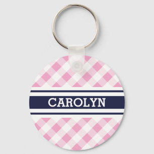 Porte-clés chic preppy rose marine en vichy motif monogramme