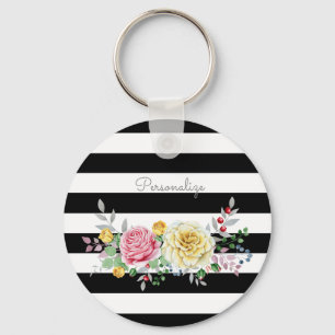 Porte-clés Chic Rose Floral tendance rayures noires et nom