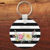 Porte-clés Chic Rose Floral tendance rayures noires et nom (Recto)