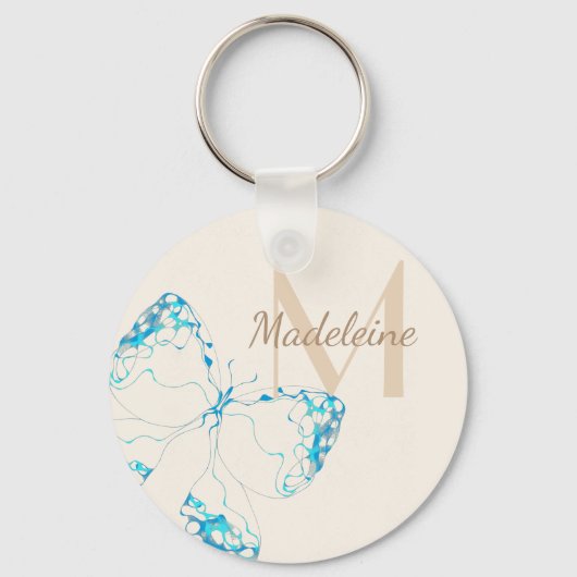 Porte-clés Chic Whimsical Elegant Bleu Papillon Monogramme (Recto)