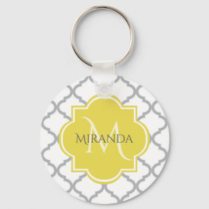 Porte-clés Chic White Grey Quatrefoil Yellow Monogramme Nom
