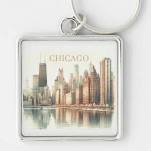 Porte-clés Chicago Skyline Aquarelle Monument Sur mesure