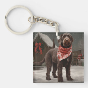 Porte-clés Chien à poil dur pointant dans Noël enneigé