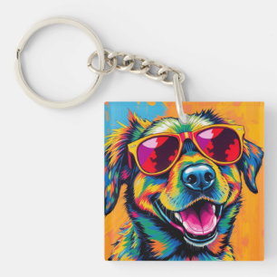 Porte-clés Chien Abstrait Coloré avec Lunettes de Soleil